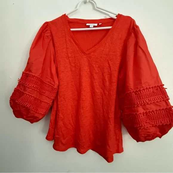 Chico's Vibrant Women’s Blouse Textured Sleeves 1 medium Coral Linen Beachy - Picture 8 of 9